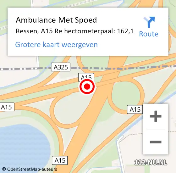 Locatie op kaart van de 112 melding: Ambulance Met Spoed Naar Ressen, A15 Re hectometerpaal: 162,1 op 15 september 2018 17:19