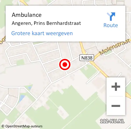 Locatie op kaart van de 112 melding: Ambulance Angeren, Prins Bernhardstraat op 15 september 2018 19:21