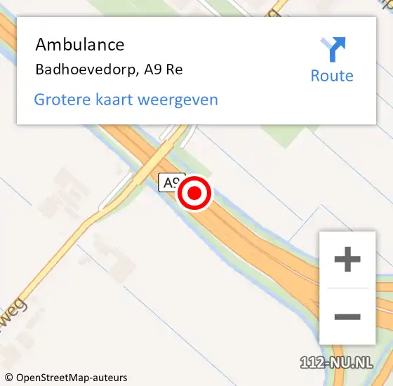 Locatie op kaart van de 112 melding: Ambulance Badhoevedorp, A9 Li op 16 september 2018 01:30