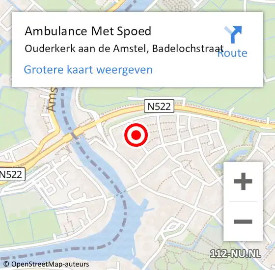 Locatie op kaart van de 112 melding: Ambulance Met Spoed Naar Ouderkerk aan de Amstel, Badelochstraat op 16 september 2018 02:29