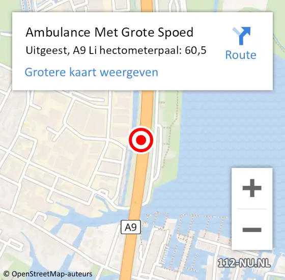 Locatie op kaart van de 112 melding: Ambulance Met Grote Spoed Naar Uitgeest, A9 Li hectometerpaal: 60,5 op 16 september 2018 10:47