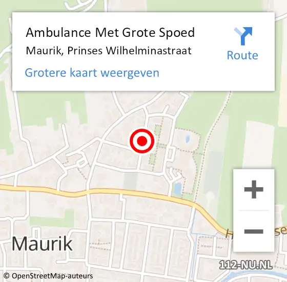 Locatie op kaart van de 112 melding: Ambulance Met Grote Spoed Naar Maurik, Prinses Wilhelminastraat op 16 september 2018 16:23