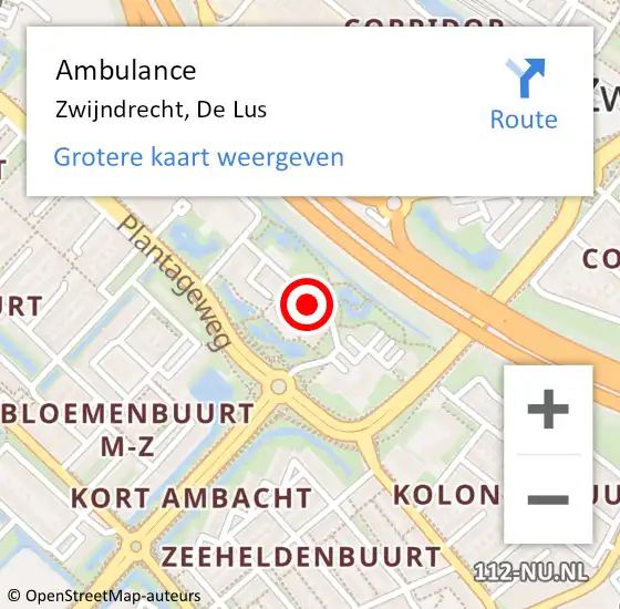 Locatie op kaart van de 112 melding: Ambulance Zwijndrecht, De Lus op 17 september 2018 11:09