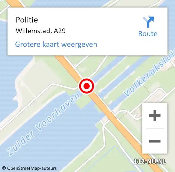 Locatie op kaart van de 112 melding: Politie Willemstad, A29 op 9 maart 2014 13:28