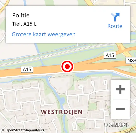 Locatie op kaart van de 112 melding: Politie Tiel, A15 R op 18 september 2018 17:54