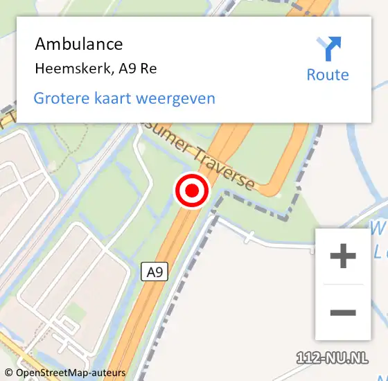 Locatie op kaart van de 112 melding: Ambulance Heemskerk, A9 hectometerpaal: 57,7 op 18 september 2018 18:16