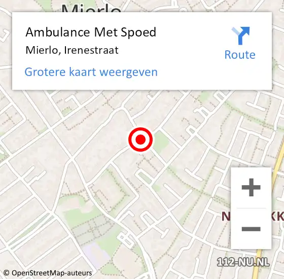 Locatie op kaart van de 112 melding: Ambulance Met Spoed Naar Mierlo, Irenestraat op 18 september 2018 22:43