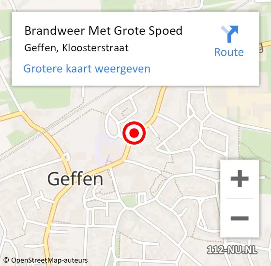 Locatie op kaart van de 112 melding: Brandweer Met Grote Spoed Naar Geffen, Kloosterstraat op 19 september 2018 04:20