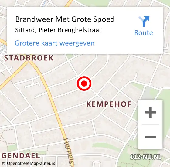 Locatie op kaart van de 112 melding: Brandweer Met Grote Spoed Naar Sittard, Pieter Breughelstraat op 19 september 2018 04:26