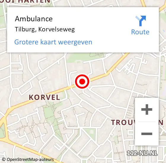 Locatie op kaart van de 112 melding: Ambulance Tilburg, Korvelseweg op 19 september 2018 09:51
