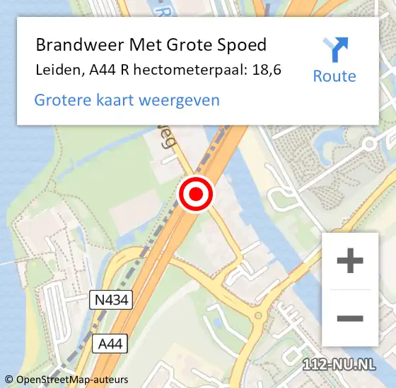 Locatie op kaart van de 112 melding: Brandweer Met Grote Spoed Naar Leiden, A44 R hectometerpaal: 18,6 op 20 september 2018 15:09