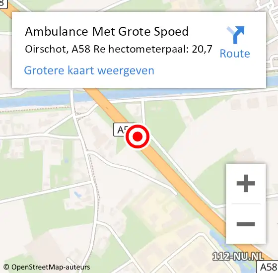 Locatie op kaart van de 112 melding: Ambulance Met Grote Spoed Naar Oirschot, A58 Re hectometerpaal: 19,8 op 21 september 2018 00:33