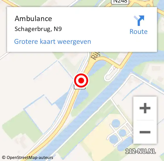 Locatie op kaart van de 112 melding: Ambulance Schagerbrug, N9 op 21 september 2018 07:23