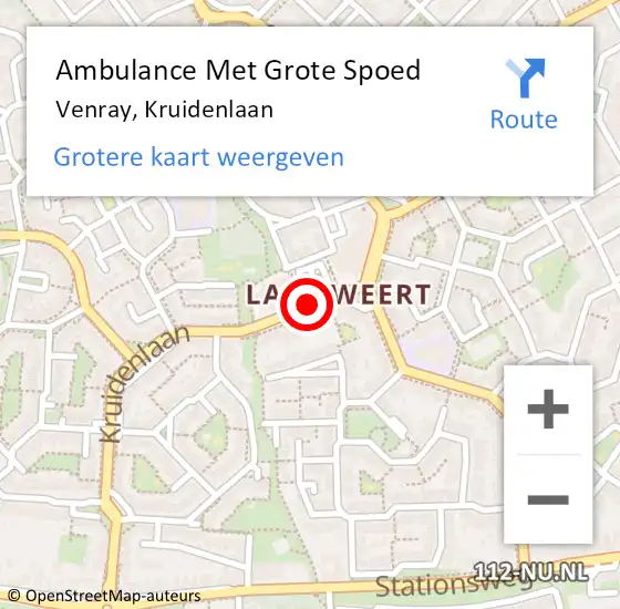 Locatie op kaart van de 112 melding: Ambulance Met Grote Spoed Naar Venray, Kruidenlaan op 21 september 2018 09:03