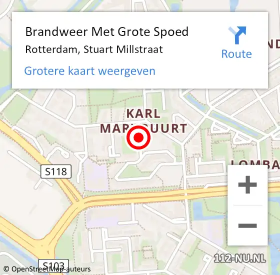 Locatie op kaart van de 112 melding: Brandweer Met Grote Spoed Naar Rotterdam, Stuart Millstraat op 21 september 2018 10:42