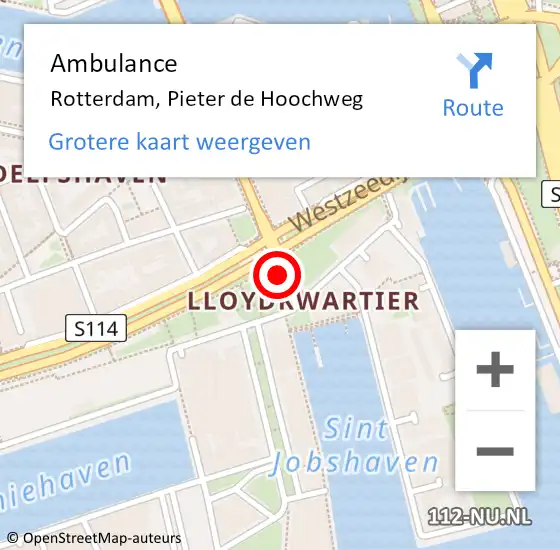 Locatie op kaart van de 112 melding: Ambulance Rotterdam, Pieter de Hoochweg op 21 september 2018 12:09