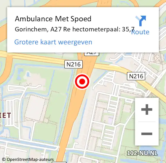 Locatie op kaart van de 112 melding: Ambulance Met Spoed Naar Gorinchem, A27 Re hectometerpaal: 35,7 op 21 september 2018 12:31