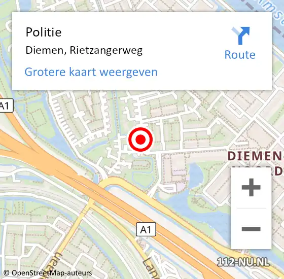 Locatie op kaart van de 112 melding: Politie Diemen, Rietzangerweg op 21 september 2018 14:13