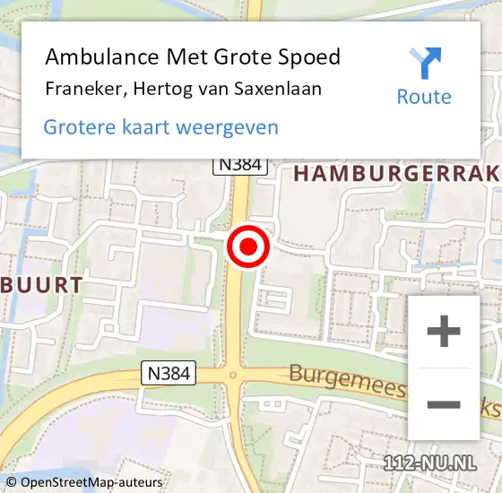 Locatie op kaart van de 112 melding: Ambulance Met Grote Spoed Naar Franeker, Hertog van Saxenlaan op 21 september 2018 17:14