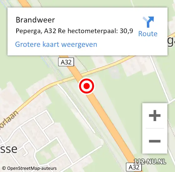 Locatie op kaart van de 112 melding: Brandweer Peperga, A32 Re hectometerpaal: 30,9 op 21 september 2018 21:51