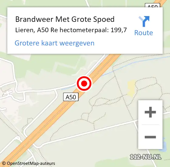 Locatie op kaart van de 112 melding: Brandweer Met Grote Spoed Naar Lieren, A50 Re hectometerpaal: 199,7 op 22 september 2018 13:09