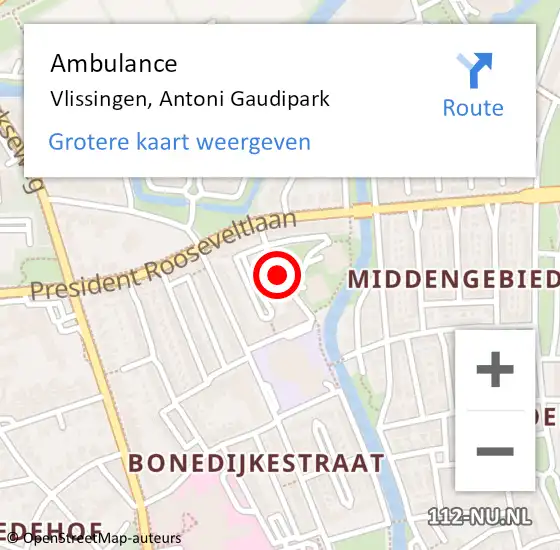 Locatie op kaart van de 112 melding: Ambulance Vlissingen, Antoni Gaudipark op 22 september 2018 15:31