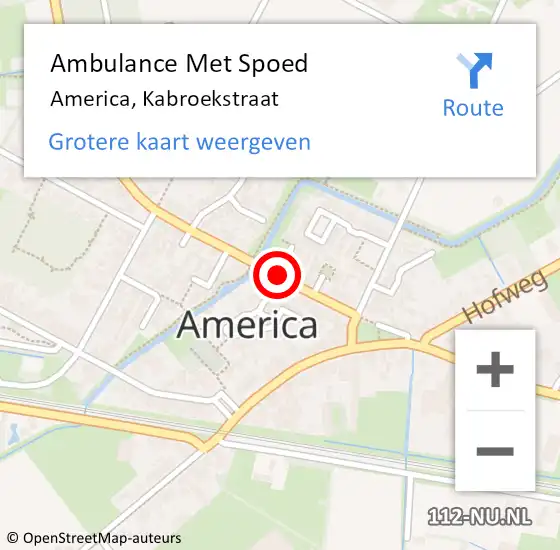 Locatie op kaart van de 112 melding: Ambulance Met Spoed Naar America, Kabroekstraat op 22 september 2018 17:58