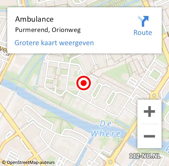 Locatie op kaart van de 112 melding: Ambulance Purmerend, Orionweg op 23 september 2018 11:43