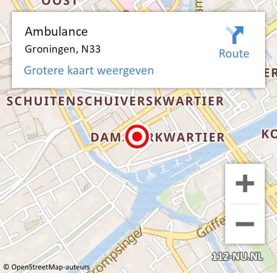 Locatie op kaart van de 112 melding: Ambulance Groningen, N33 op 23 september 2018 12:37