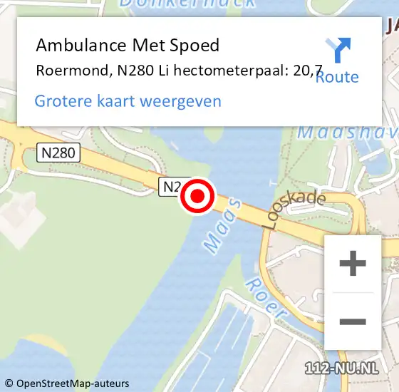 Locatie op kaart van de 112 melding: Ambulance Met Spoed Naar Roermond, N280 Li hectometerpaal: 20,7 op 23 september 2018 14:07