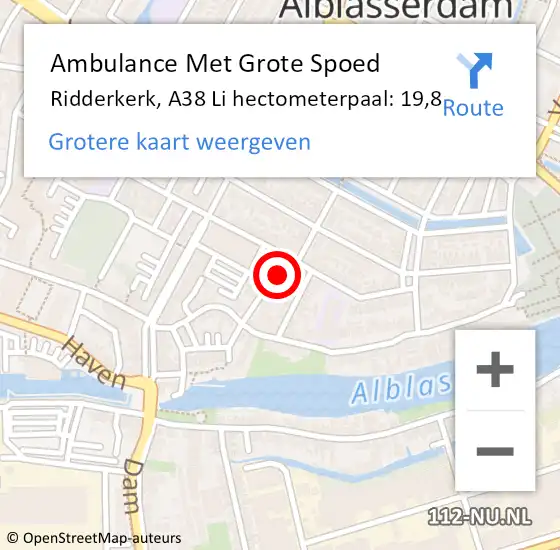 Locatie op kaart van de 112 melding: Ambulance Met Grote Spoed Naar Ridderkerk, A38 Li hectometerpaal: 19,8 op 23 september 2018 15:51