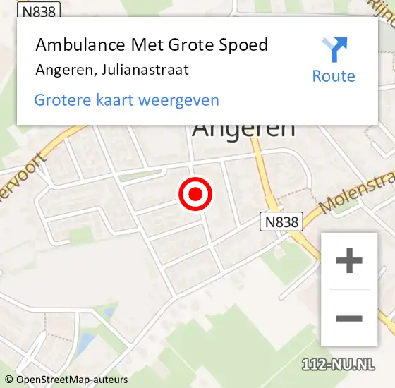 Locatie op kaart van de 112 melding: Ambulance Met Grote Spoed Naar Angeren, Julianastraat op 23 september 2018 16:35