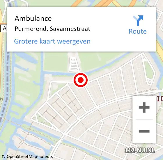 Locatie op kaart van de 112 melding: Ambulance Purmerend, Savannestraat op 24 september 2018 08:11
