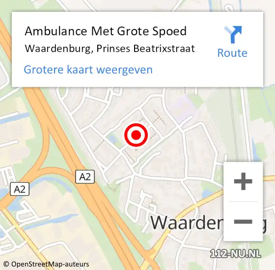 Locatie op kaart van de 112 melding: Ambulance Met Grote Spoed Naar Waardenburg, Prinses Beatrixstraat op 25 september 2018 15:47