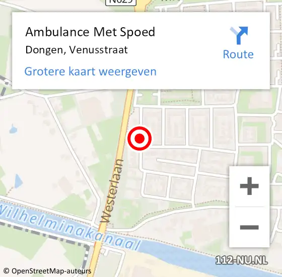 Locatie op kaart van de 112 melding: Ambulance Met Spoed Naar Dongen, Venusstraat op 25 september 2018 21:10