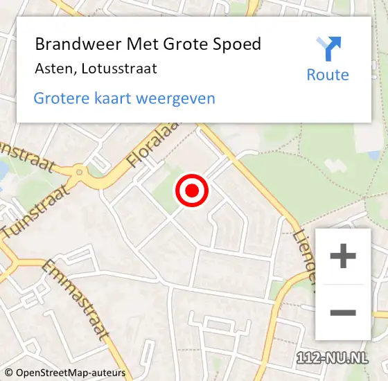 Locatie op kaart van de 112 melding: Brandweer Met Grote Spoed Naar Asten, Lotusstraat op 26 september 2018 04:01