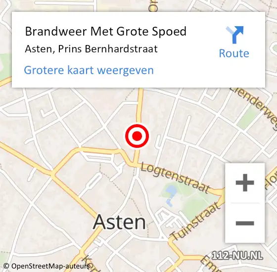 Locatie op kaart van de 112 melding: Brandweer Met Grote Spoed Naar Asten, Prins Bernhardstraat op 26 september 2018 05:00