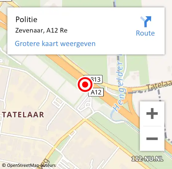 Locatie op kaart van de 112 melding: Politie Zevenaar, A12 Li op 28 september 2018 18:28