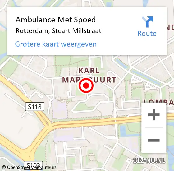 Locatie op kaart van de 112 melding: Ambulance Met Spoed Naar Rotterdam, Stuart Millstraat op 29 september 2018 16:35