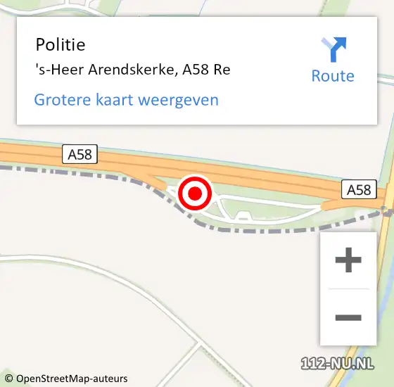 Locatie op kaart van de 112 melding: Politie 's-Heer Arendskerke, A58 Re op 30 september 2018 21:39