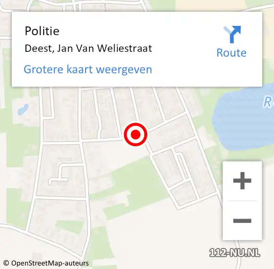 Locatie op kaart van de 112 melding: Politie Deest, Jan Van Weliestraat op 1 oktober 2018 00:21