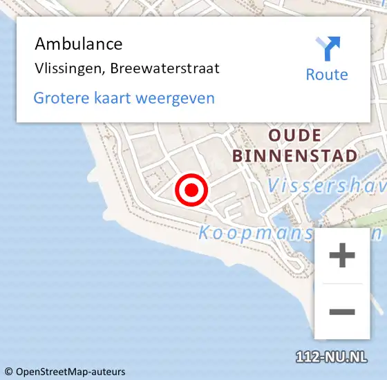 Locatie op kaart van de 112 melding: Ambulance Vlissingen, Breewaterstraat op 2 oktober 2018 10:17