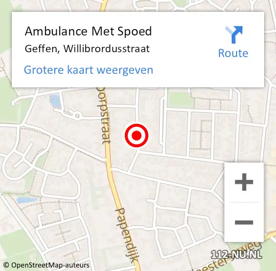 Locatie op kaart van de 112 melding: Ambulance Met Spoed Naar Geffen, Willibrordusstraat op 2 oktober 2018 11:58