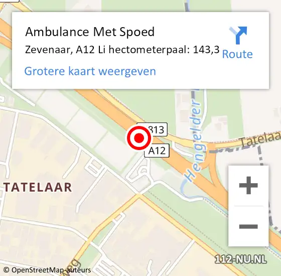 Locatie op kaart van de 112 melding: Ambulance Met Spoed Naar Zevenaar, A12 Li hectometerpaal: 143,5 op 3 oktober 2018 06:34