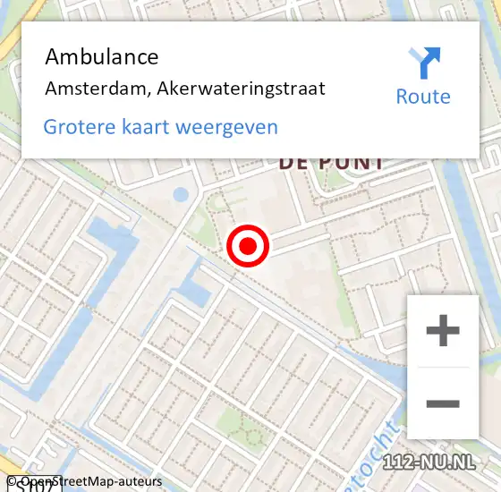 Locatie op kaart van de 112 melding: Ambulance Amsterdam, Akerwateringstraat op 3 oktober 2018 10:13