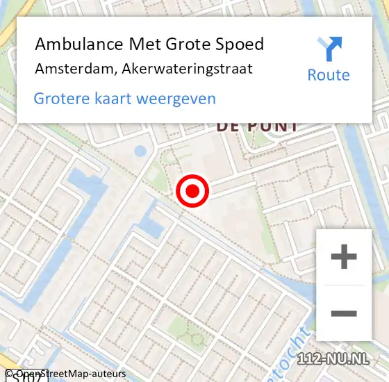 Locatie op kaart van de 112 melding: Ambulance Met Grote Spoed Naar Amsterdam, Akerwateringstraat op 3 oktober 2018 19:34