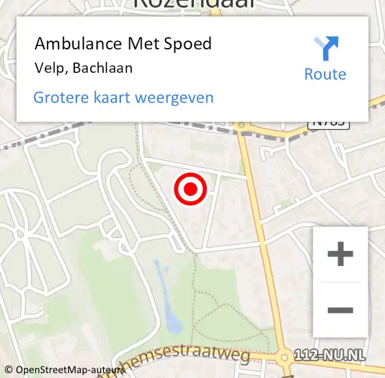 Locatie op kaart van de 112 melding: Ambulance Met Spoed Naar Velp, Bachlaan op 5 oktober 2018 17:23