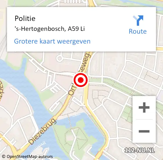 Locatie op kaart van de 112 melding: Politie 's-Hertogenbosch, A59 Re hectometerpaal: 130,8 op 5 oktober 2018 18:27