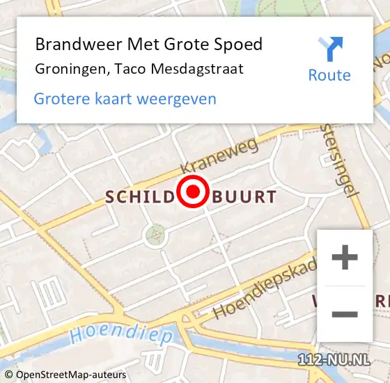 Locatie op kaart van de 112 melding: Brandweer Met Grote Spoed Naar Groningen, Taco Mesdagstraat op 6 oktober 2018 13:00