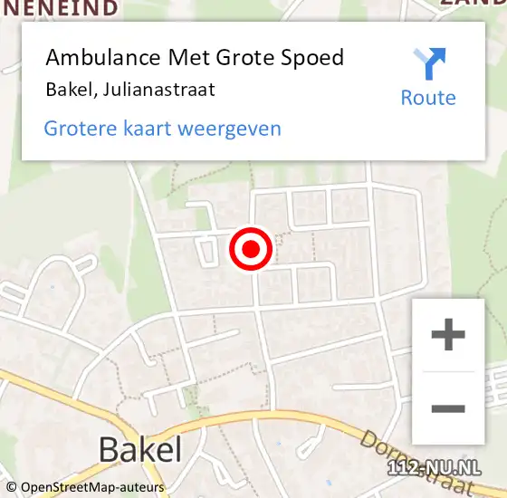 Locatie op kaart van de 112 melding: Ambulance Met Grote Spoed Naar Bakel, Julianastraat op 7 oktober 2018 10:04